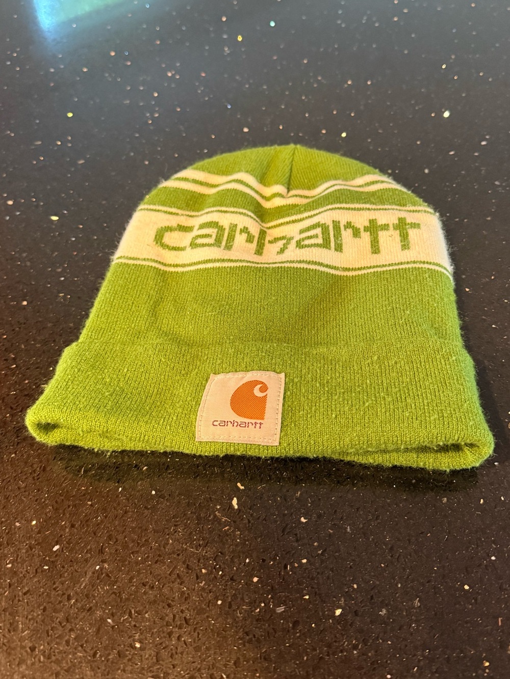 Carhartt Lime Green Knit Beanie with Cream Stripe and Logo Patch